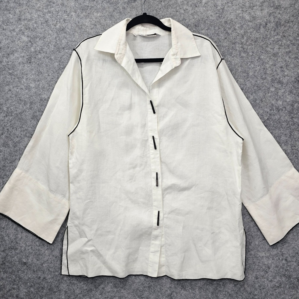 Womens Linen Tunic Top Small White Pipe Trim Oversize Summer COURTNEY WASHINGTON